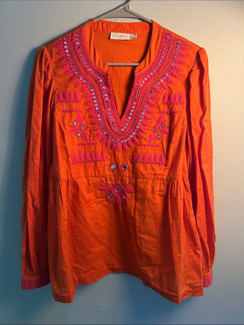 Tory Burch Claudia tunic in vibrant orange with hot pink embroidery